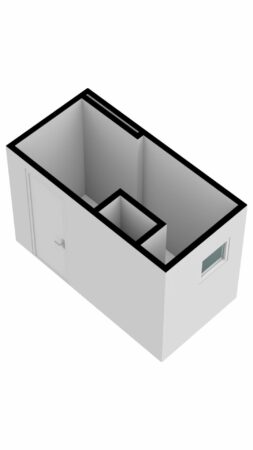 3D-model van een eenvoudige rechthoekige kamer aan de Cornelis Dopperkade met één deur, een raam en een kleinere binnenruimte.